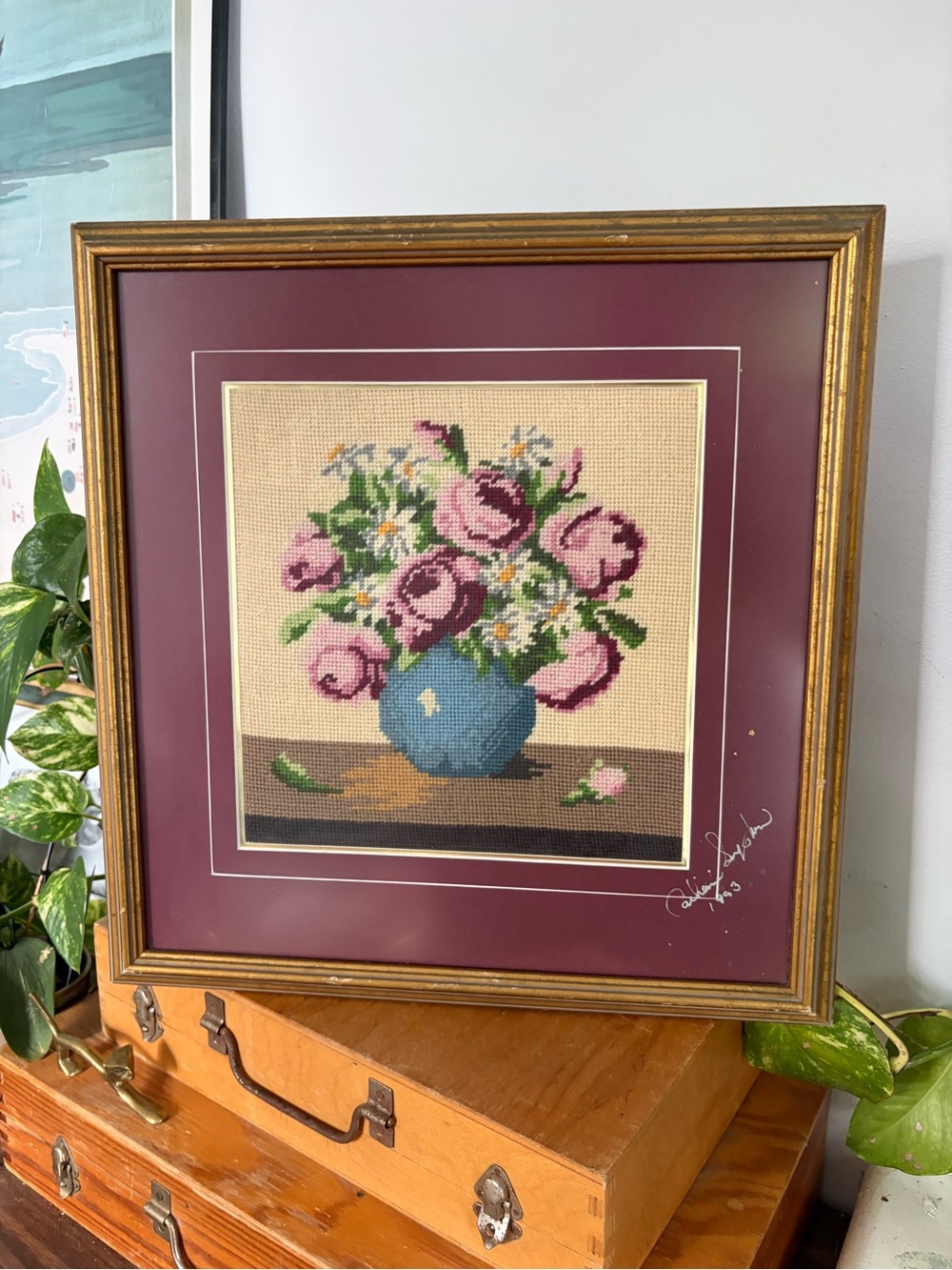 Framed Vintage Floral Cross Stitch Needle Point w/ Magenta Matting & Gold Frame